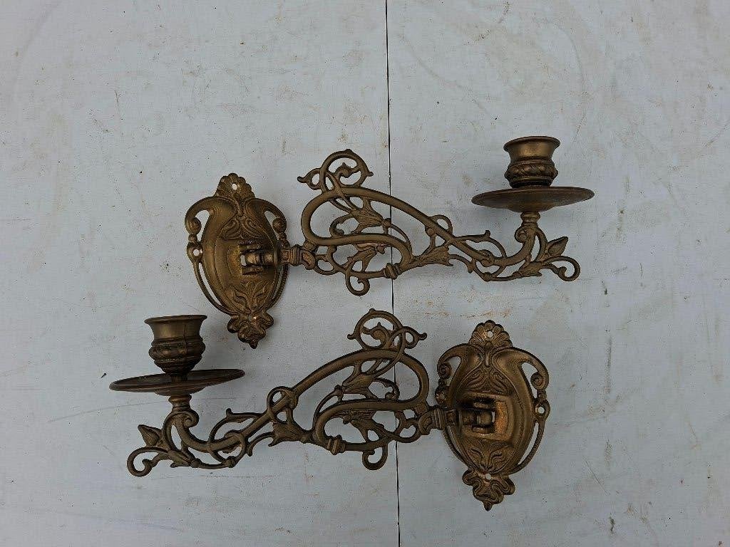 set van 2 antieke messing wandkandelaars artnouveau uit 1892, Antiek en Kunst, Ophalen of Verzenden, Koper of Brons