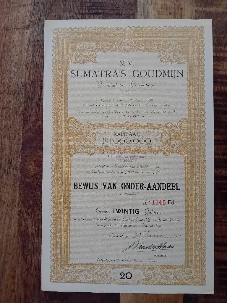 Aandeel NV Sumatra's Goudmijn - 1931, Ophalen of Verzenden, 1920 tot 1950, Aandeel