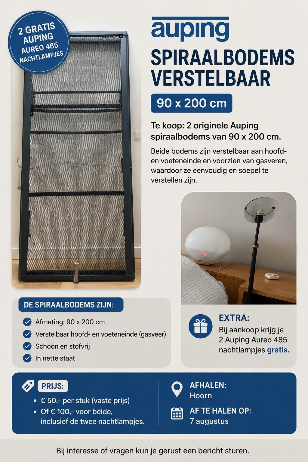 Auping verstelbare spiraalbodem met gratis lampjes, Ophalen, Gebruikt, 90 cm, Eenpersoons