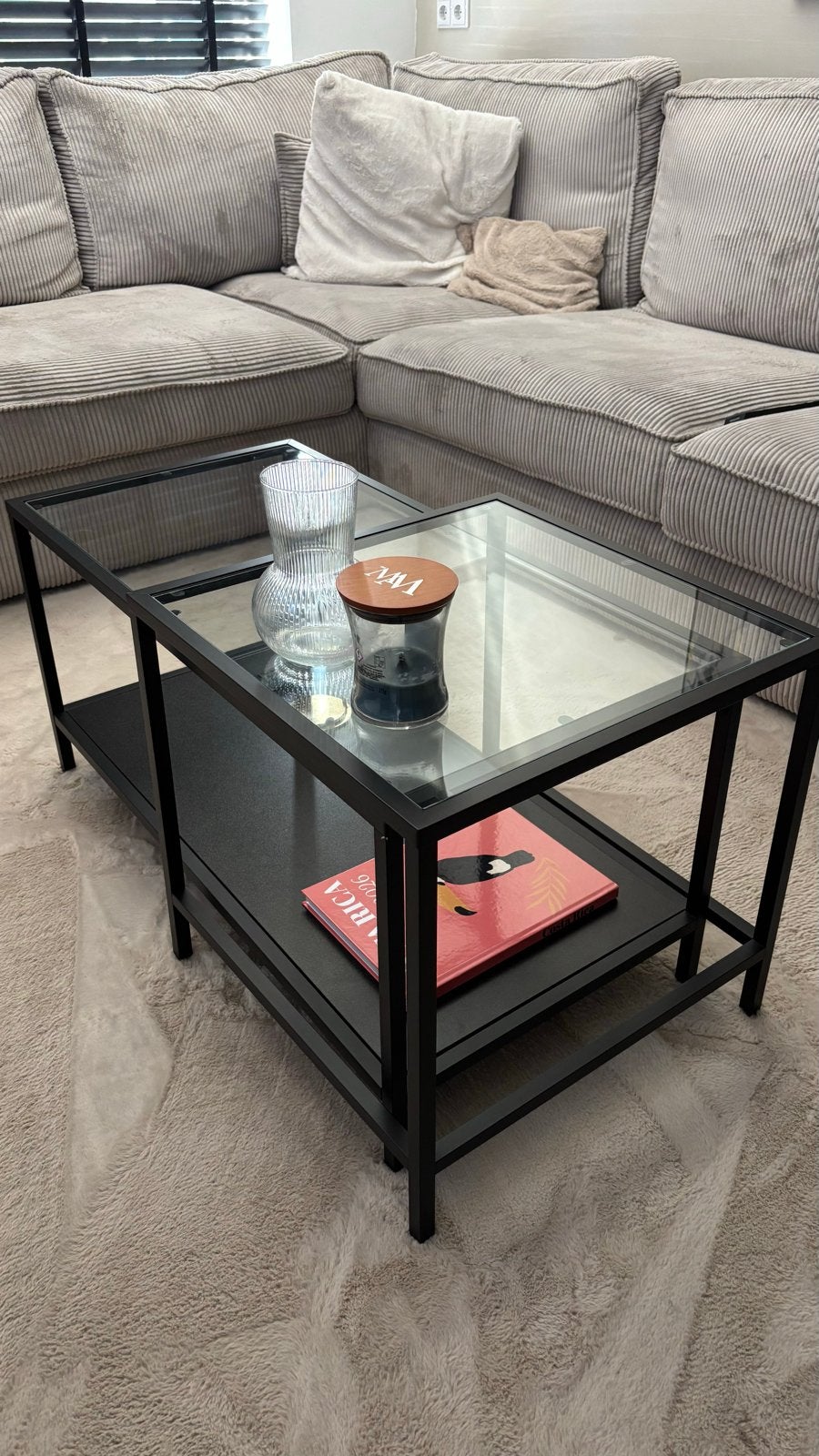 Moderne dubbele salontafel met glas en metaal, Huis en Inrichting, Tafels | Salontafels, Ophalen, 100 tot 150 cm, 50 tot 100 cm