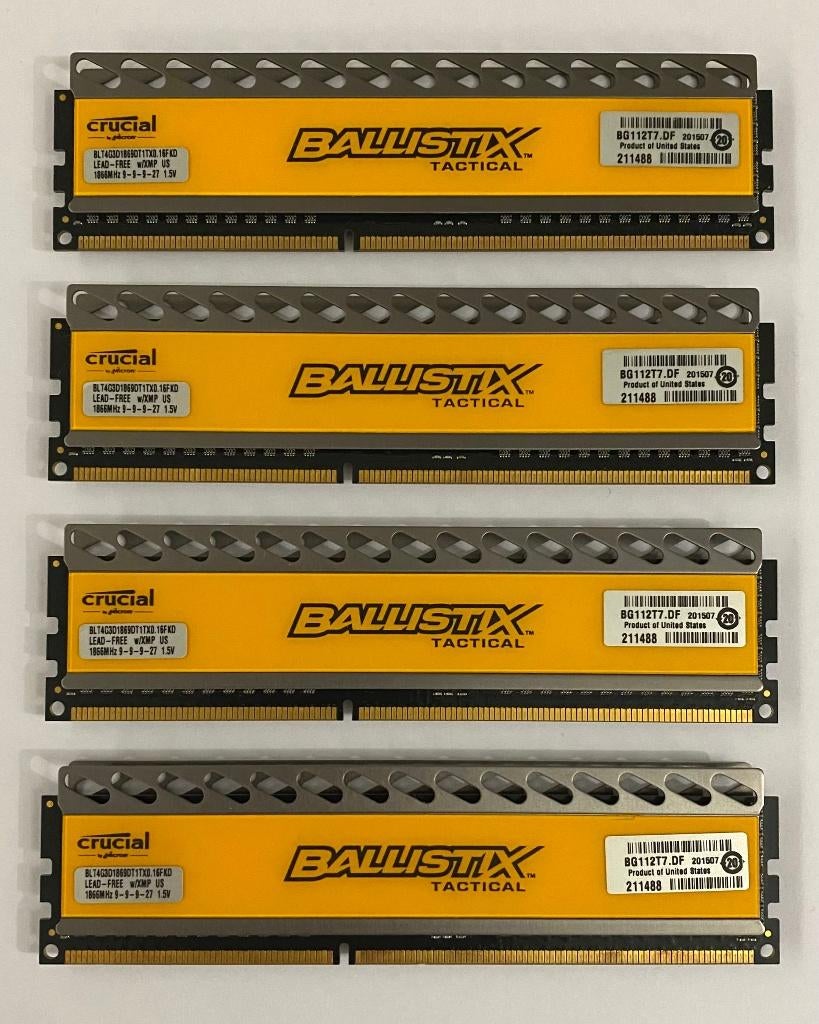 16GB (4x4GB) Crucial Ballistix Tactical DDR3, Computers en Software, RAM geheugen, Gebruikt, DDR3, Ophalen of Verzenden, 1866 MHz