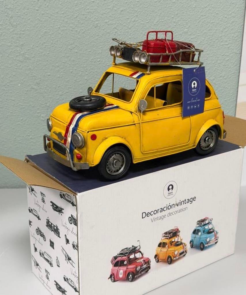 Retro Modelauto Fiat 500-look geel Vintage metalen XL auto, Hobby en Vrije tijd, Modelauto's | Overige schalen, Auto, Nieuw, Ophalen of Verzenden