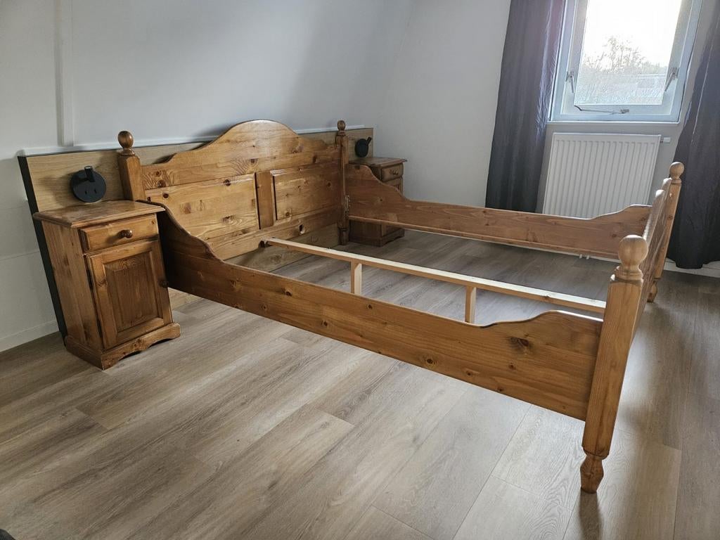 Grenen tweepersoonsbed 160x200 cm met nachtkastjes, Huis en Inrichting, Slaapkamer | Bedden, Ophalen, Gebruikt, Bruin, Tweepersoons