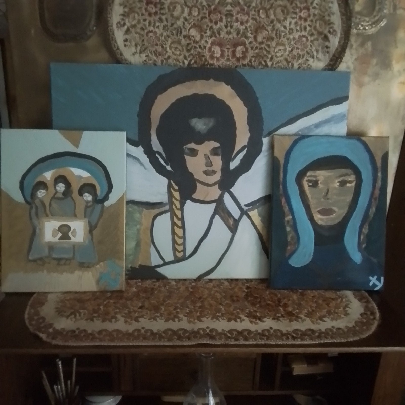 Set van 3 handgeschilderde doeken. (olieverf/acryl), Antiek en Kunst, Verzenden