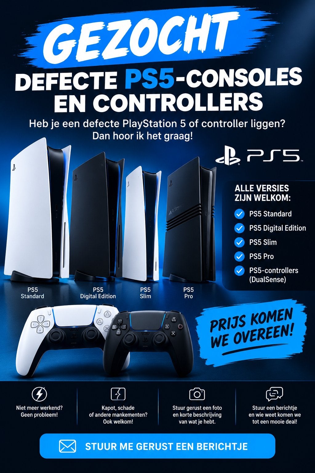 Gezocht: Defecte PS5 Consoles & Controllers, Spelcomputers en Games, Ophalen of Verzenden, Zo goed als nieuw