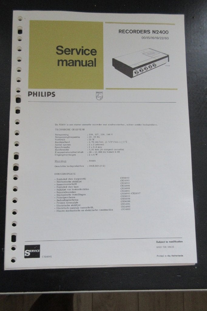 Philips Service Manual  Cassettedeck N 2400, Ophalen of Verzenden, Enkel, Philips