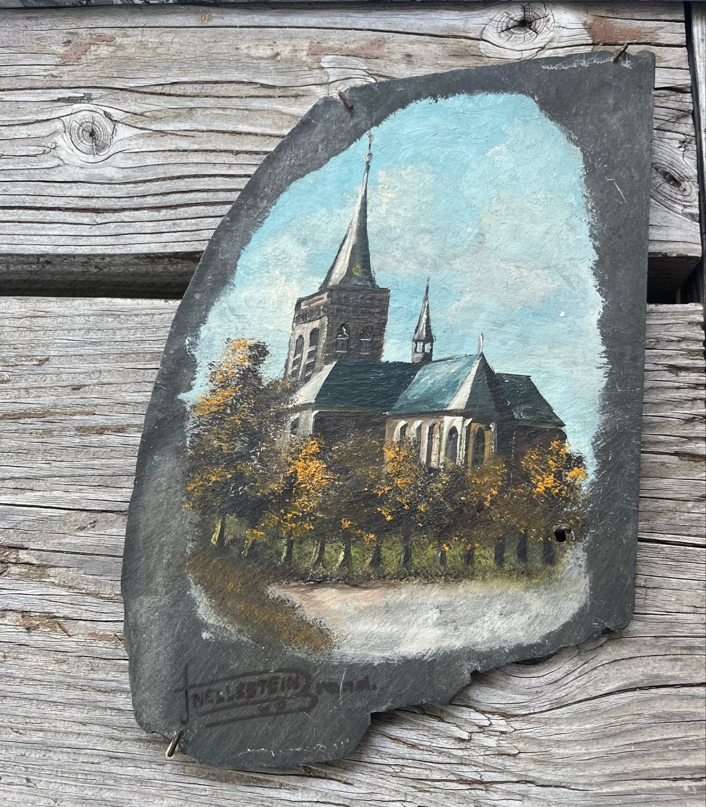 Schilderij op leisteen: Grote kerk Ede, Realistisch, Overige ondergronden, Ophalen of Verzenden, Gesigneerd