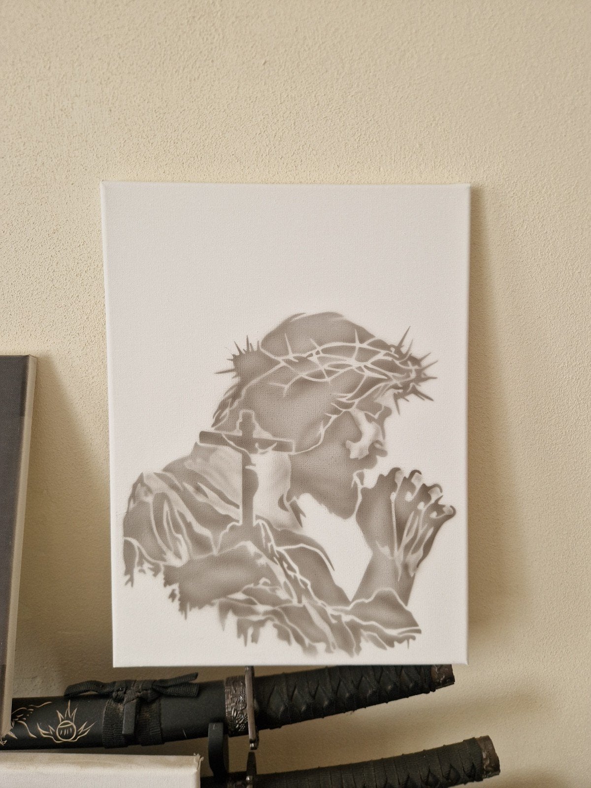 Jezus, gebed, airbrush, Evangelie!, Antiek en Kunst, Ophalen, Schilderij, Overige technieken, Gesigneerd