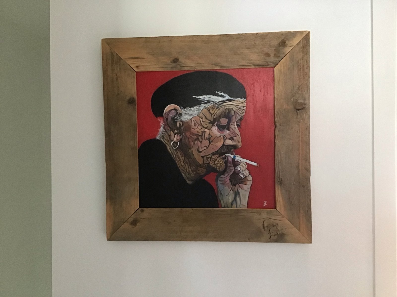 Portret van een rokende vrouw, ingelijst, Acrylverf, Hout, Handgeschilderd, Ophalen of Verzenden
