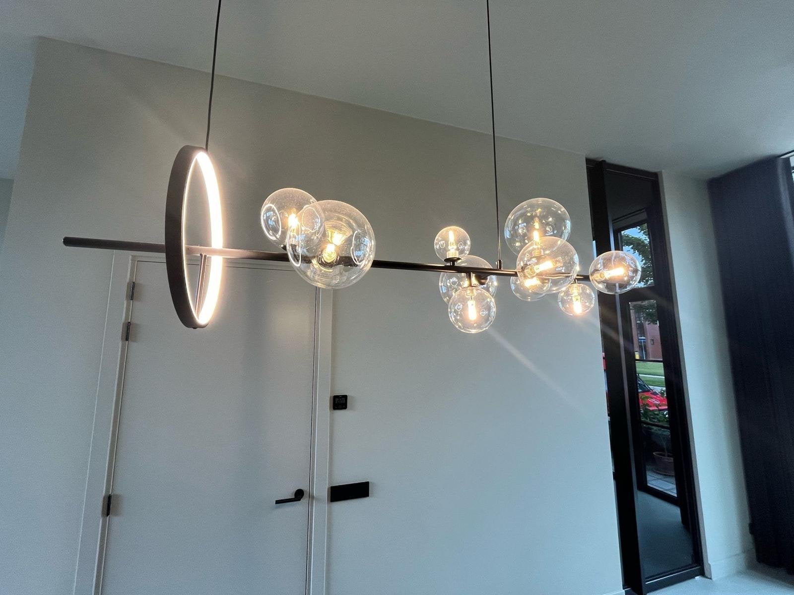 Design LED Hanglamp 120 cm, Zwart 10 Glazen Bollen + Ring, Ophalen, Zo goed als nieuw, Glas, Overige fittingen