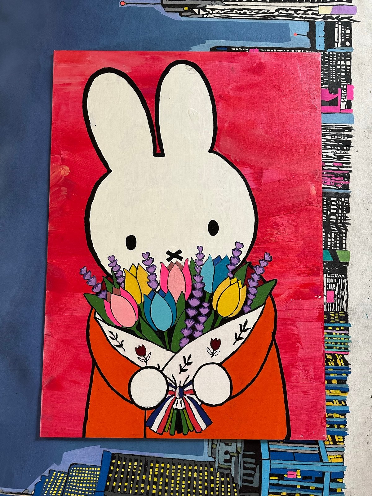 Nijntje Pop Art Schilderij - 50x70 cm, Antiek en Kunst, Ophalen, Acrylverf, Handgeschilderd, Stripfiguren/cartoons