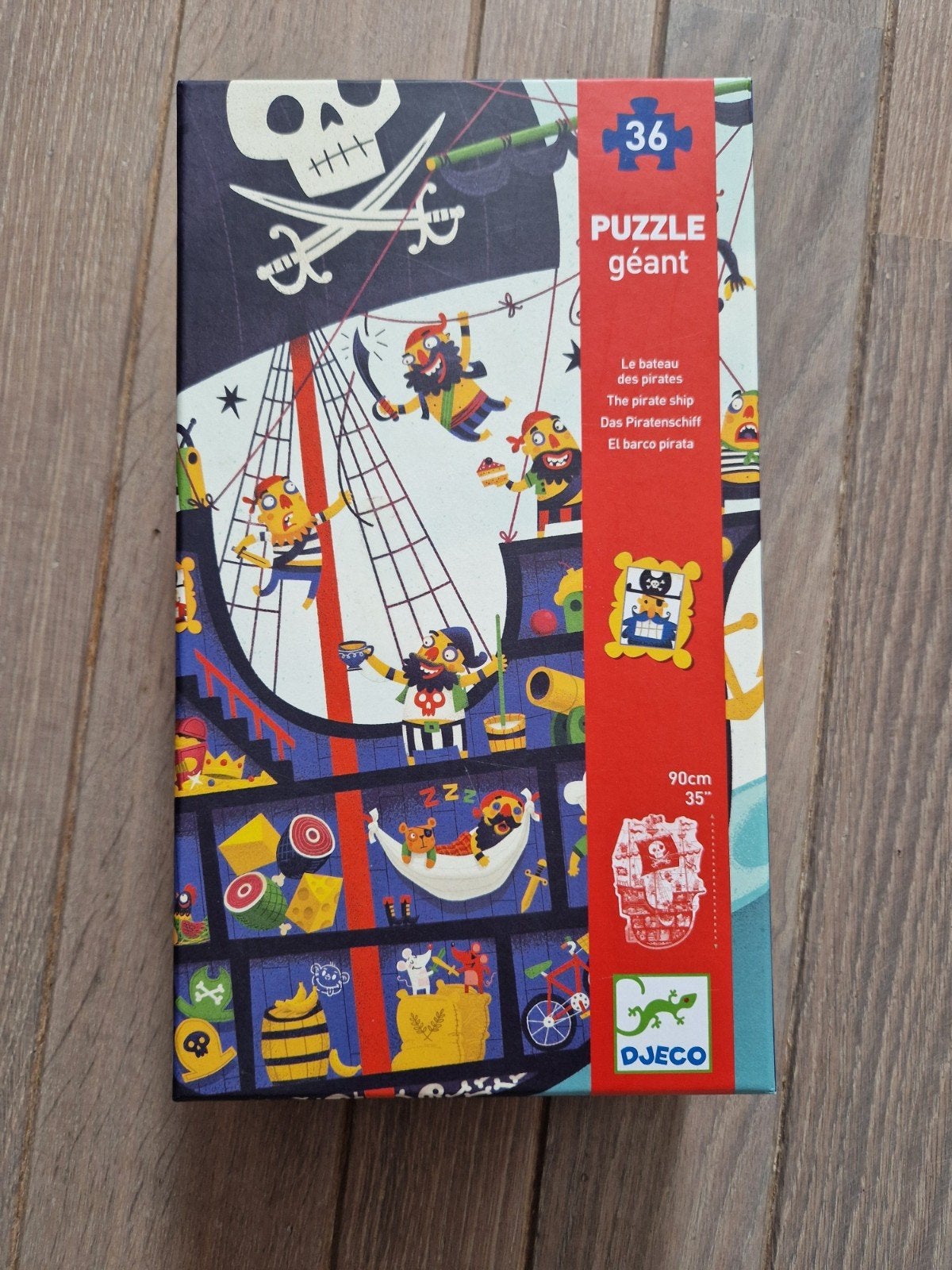 Djeco vloerpuzzel piratenschip 36 stukjes, Ophalen of Verzenden, 10 tot 50 stukjes, Zo goed als nieuw, 4 tot 6 jaar