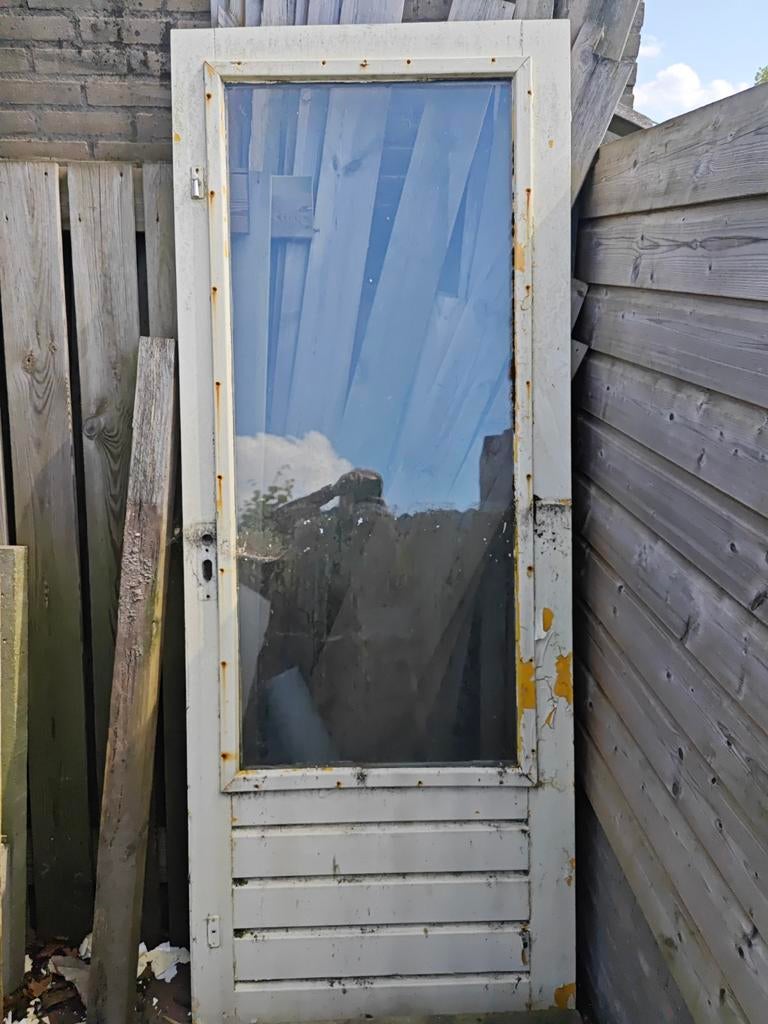 Hardhout buitendeur  met dubbele glas, Gebruikt, 80 tot 100 cm, Ophalen of Verzenden, Buitendeur