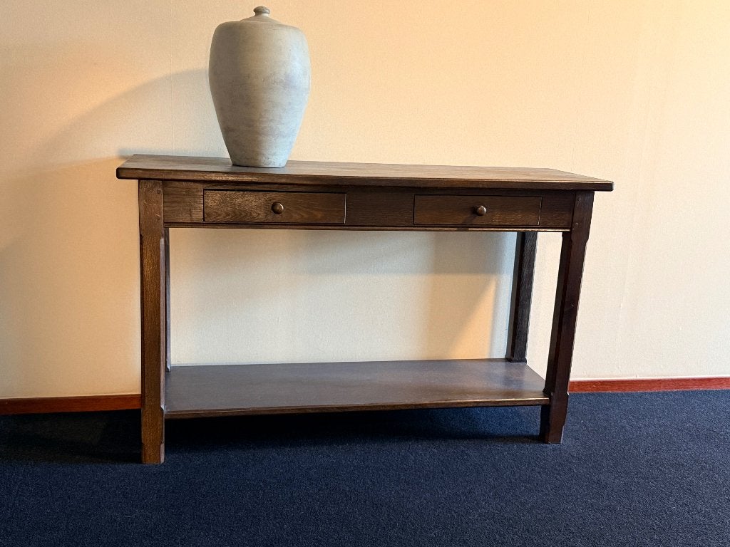 Landelijke massief houten sidetable / wandtafel, Ophalen, Gebruikt, 100 tot 150 cm, Eikenhout