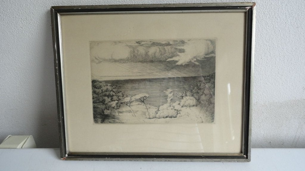 Oväder - originele ets Gustaf Magnusson, 28 cm, Ingelijst, Ets, 35 cm