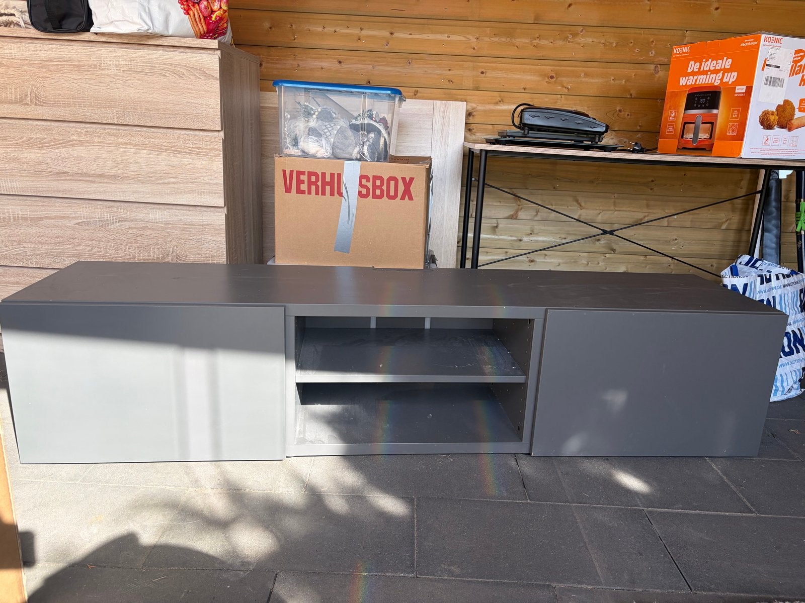 TV-meubel grijs 180x40x42 cm met opbergruimte, Ophalen, Overige materialen, 150 tot 200 cm, Zo goed als nieuw
