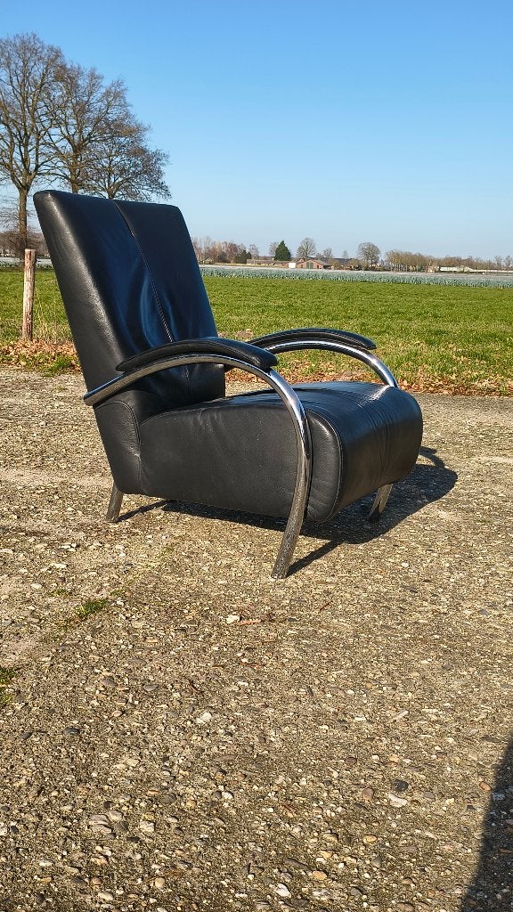 Zwart lederen Molinari fauteuil, Ophalen, Gebruikt, Vintage, 75 tot 100 cm