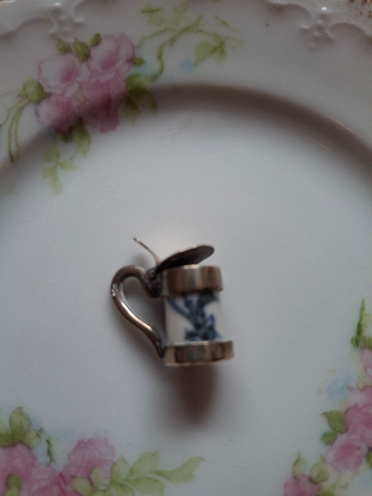 Miniatuur zilveren met porselein bierpulletje, Ophalen of Verzenden