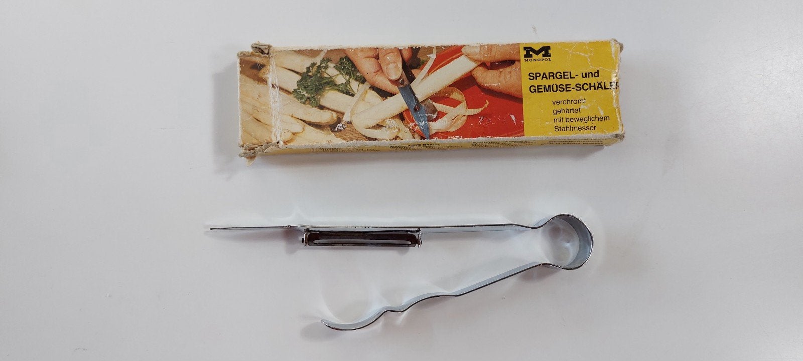 Vintage asperge- en groenteschiller met doosje, Zilver, Ophalen of Verzenden, Metaal, Overige merken