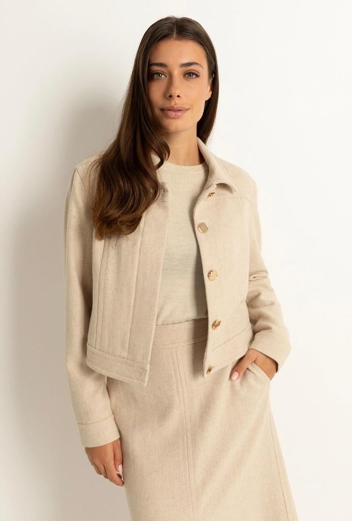 Claudia Sträter kort wolmix jasje mt 40, Maat 38/40 (M), Verzenden, Beige, Nieuw