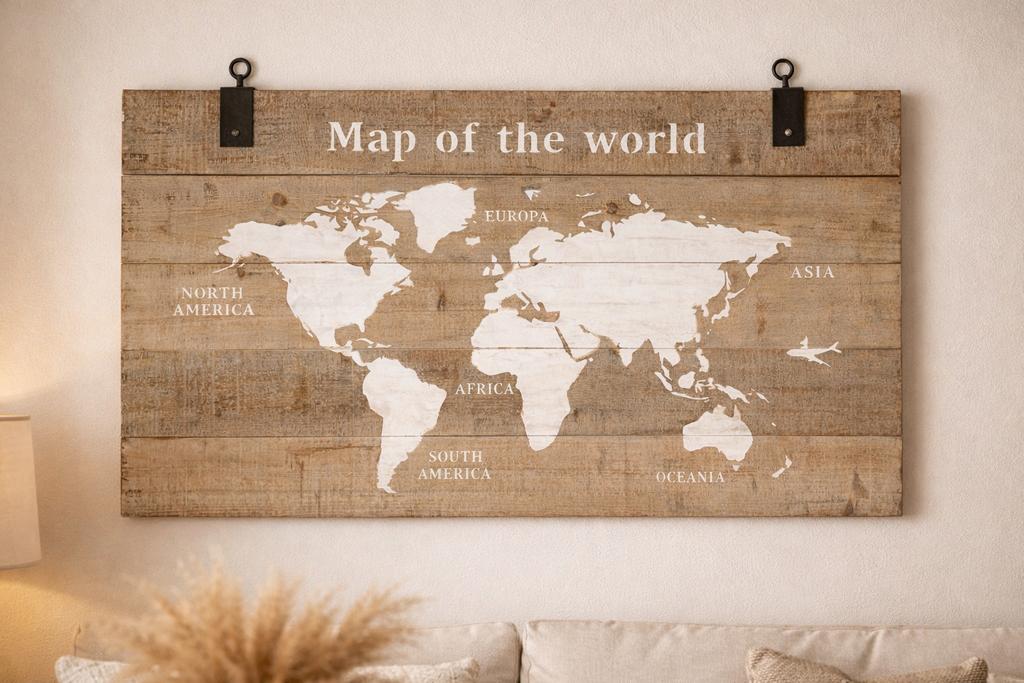 Houten schilderij wandkaart wereld, Ophalen, Zo goed als nieuw