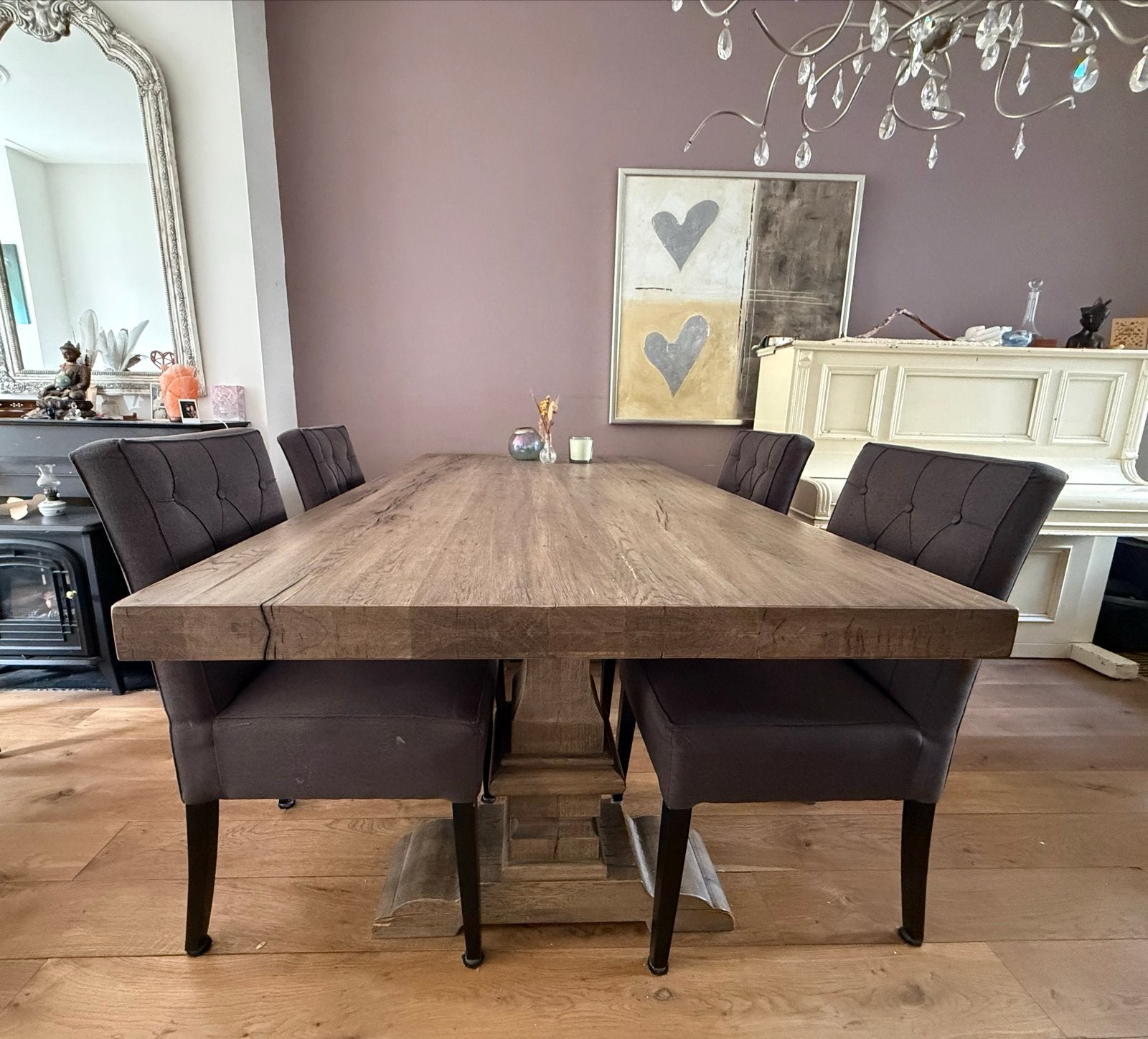 Robuuste kloostertafel met 6 stoelen - Eikenhout, Huis en Inrichting, Ophalen, Gebruikt, Eikenhout, 50 tot 100 cm
