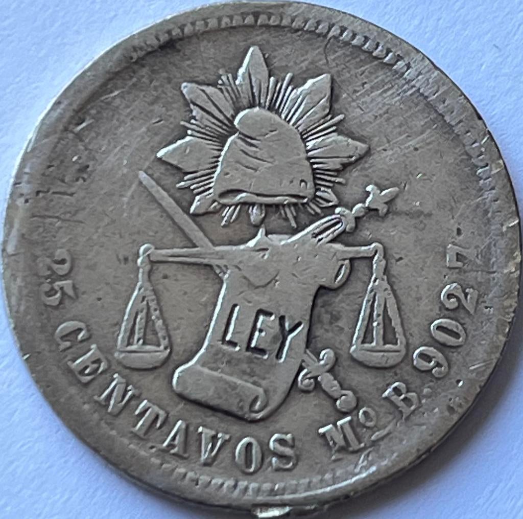 Mexico zilveren 25 cent 1876, Ophalen of Verzenden, Midden-Amerika, Losse munt, Zilver