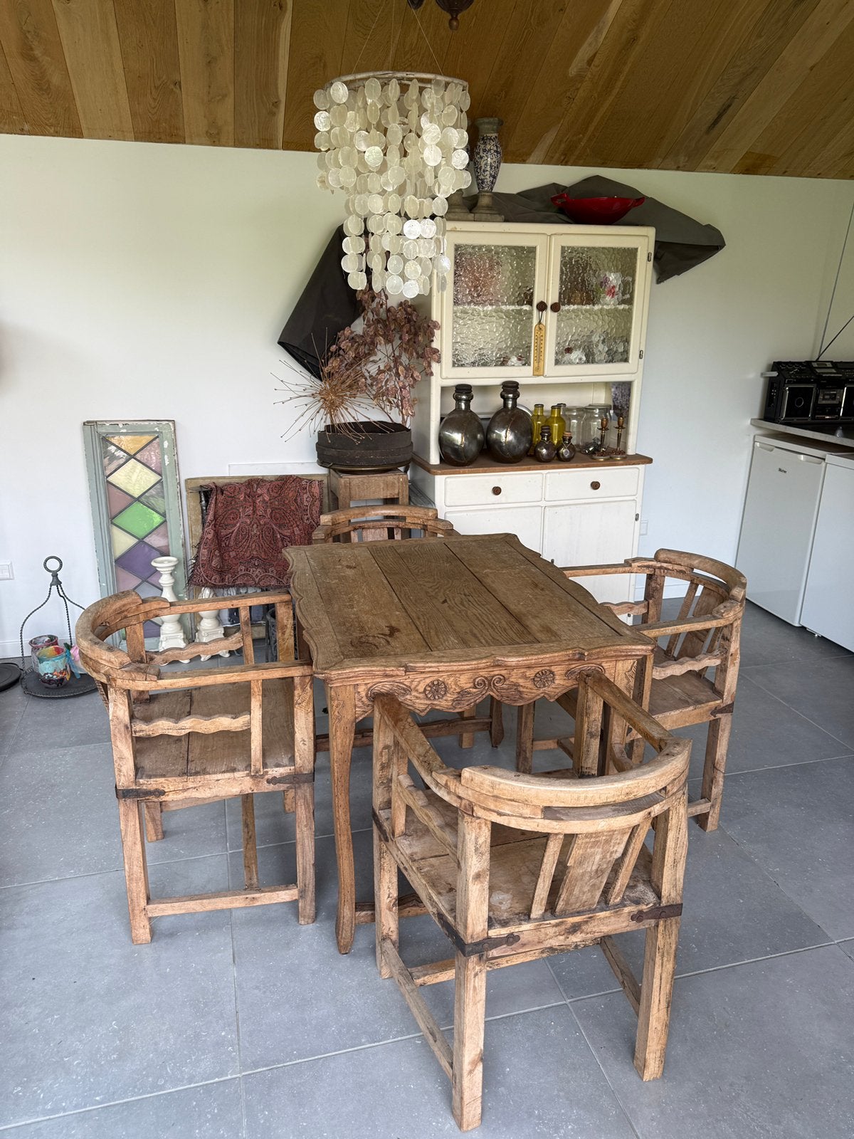 Brocante vintage set stoelen en tafel en  kinderstoel, Ophalen, Zo goed als nieuw