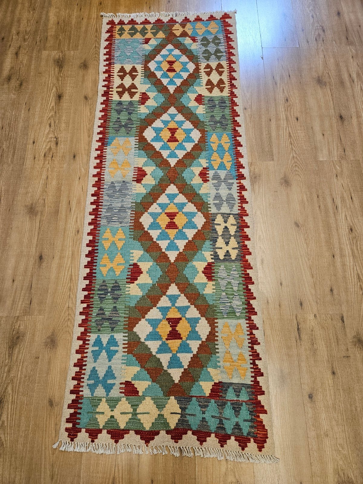Handgeweven oosterse wollen kelim loper 205x77