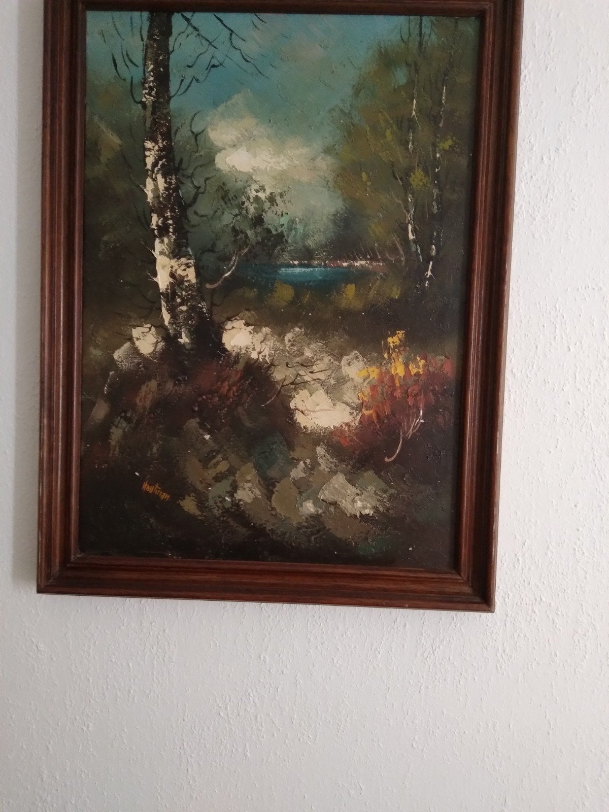 Schilderij Landschap met berkenbomen en water, Doek, Realistisch, Ophalen of Verzenden, Gesigneerd