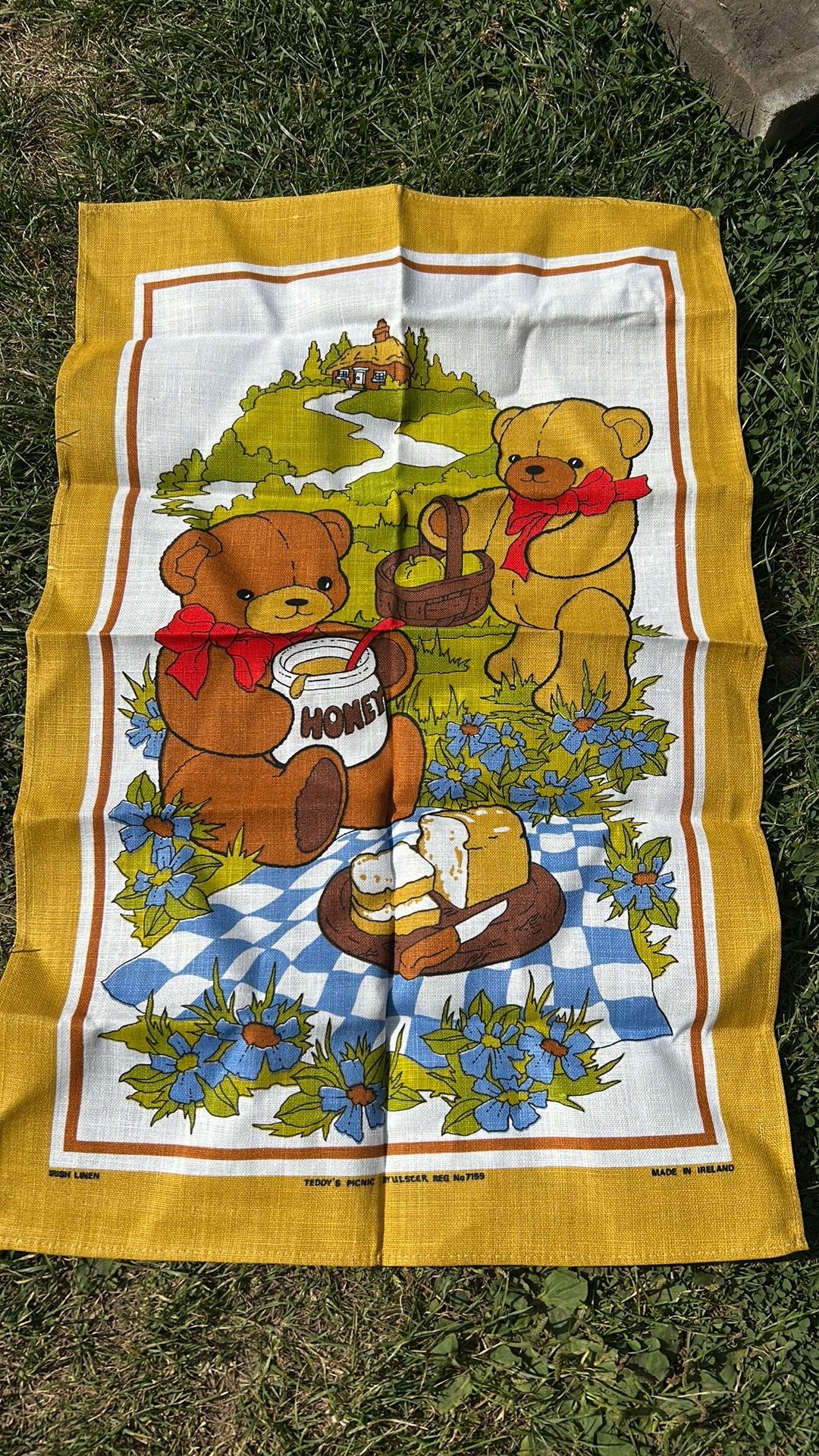 Vintage Irish linen linnen theedoek Teddy’s Picnic, Ophalen of Verzenden, Zo goed als nieuw
