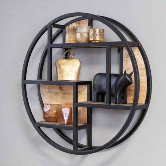 Wandrek Emma ø 75 cm, staal + Mangohout, Huis en Inrichting, Woonaccessoires | Wanddecoraties, Industrieel, Hout, Meerkleurig