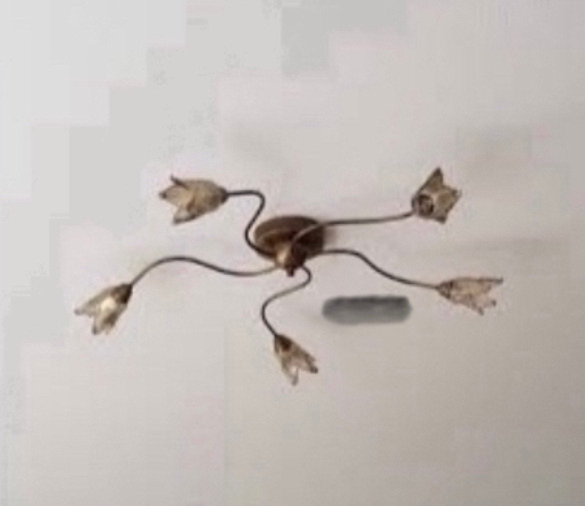 Mooie brons plafondlamp met glazen kapjes en lampjes., Ophalen, Zo goed als nieuw