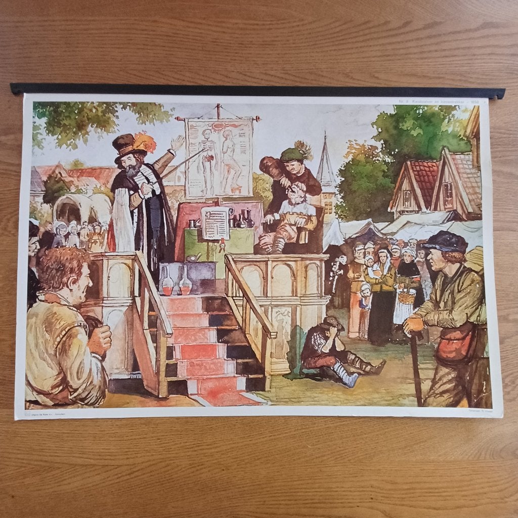 Schoolplaat Kwakzalver en kiezentrekker, Antiek en Kunst, Ophalen, Stad- en Dorpsgezichten