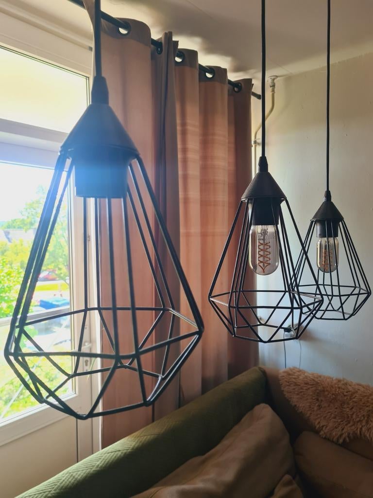 Set van 3 zwarte industriële hanglampen, Ophalen, Zo goed als nieuw, Industrieel, Modern, Geometrisch, Metaal