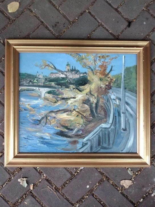 Schilderij Praag, Karelsbrug, TRNKA Jaruslav., Antiek en Kunst, Landschap, Hout, Ophalen of Verzenden, Gesigneerd