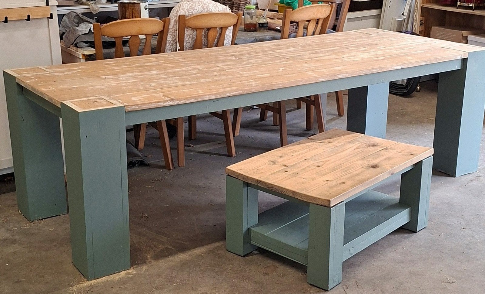 Tafel set, eettafel en salontafel steigerhout, Ophalen, 200 cm of meer, 50 tot 100 cm, Rechthoekig