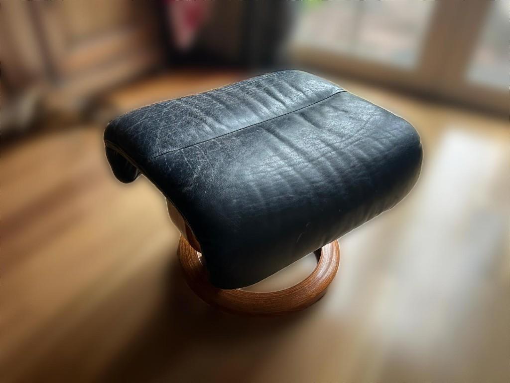Stressless hocker blauw leder, Ophalen, Gebruikt, Minder dan 75 cm, Leer