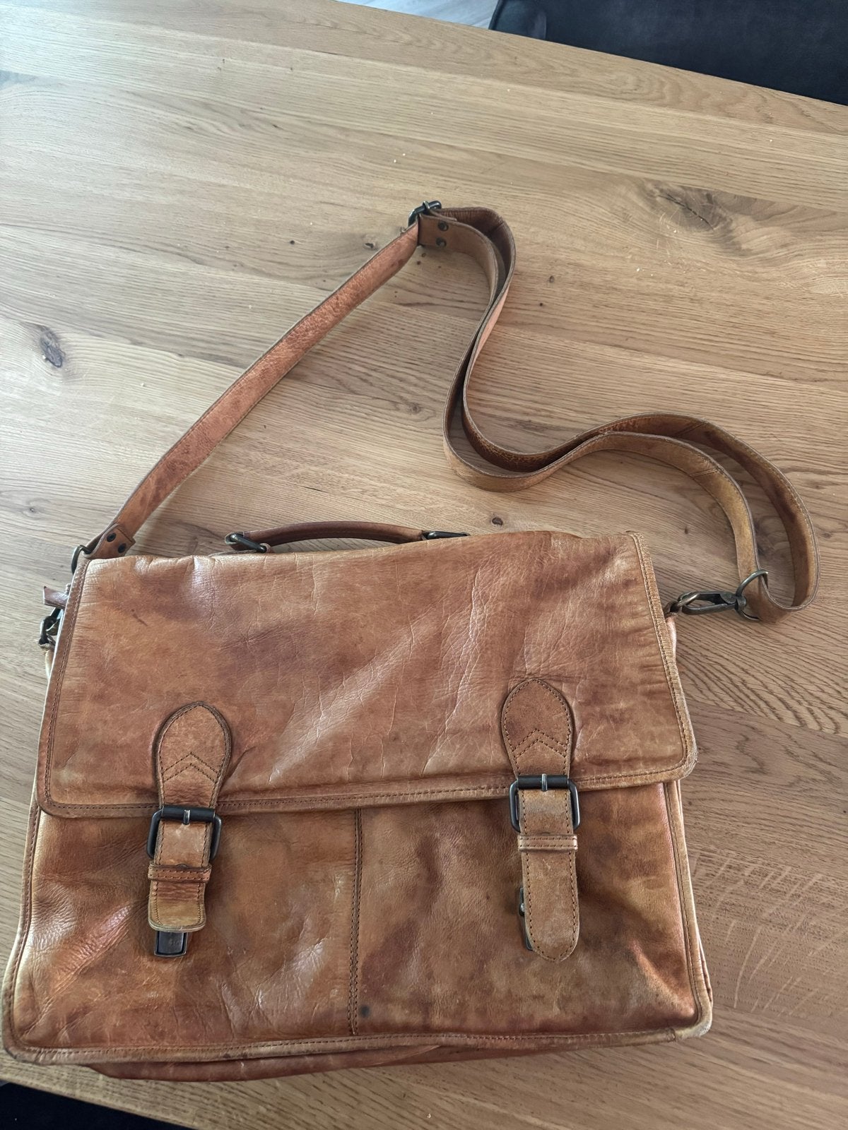 Bear design leren schoudertas / laptoptas - Cognac, Overige merken, Gebruikt, Bruin, Ophalen of Verzenden
