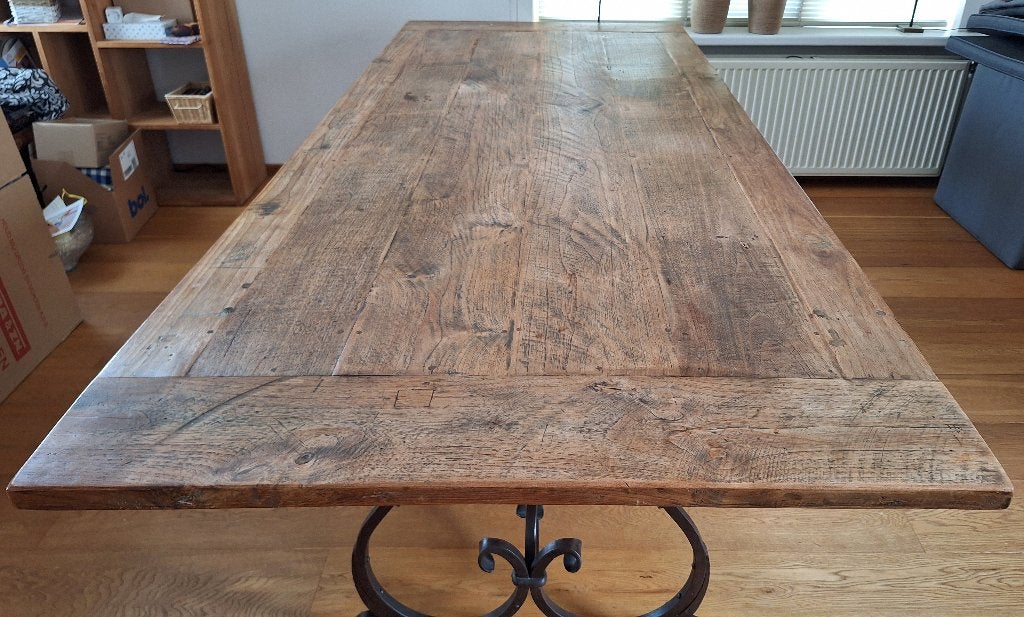 Rustieke eettafel met eikenhouten blad, Ophalen, Gebruikt, 200 cm of meer, 50 tot 100 cm