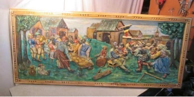 Prachtig Houtsnijwerk - Breugheliaans Feest - De Wolf, Antiek en Kunst, Kunst | Beelden en Houtsnijwerken, Handgemaakt, Ophalen of Verzenden