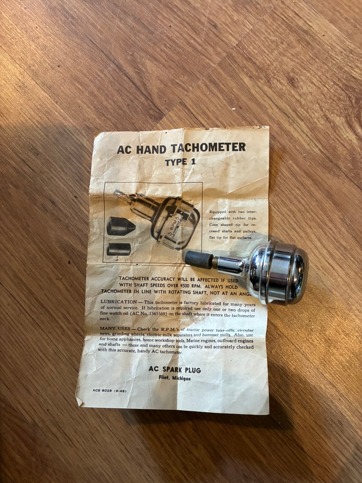Vintage AC Hand Tachometer Type 1 met originele handleiding, Ophalen of Verzenden