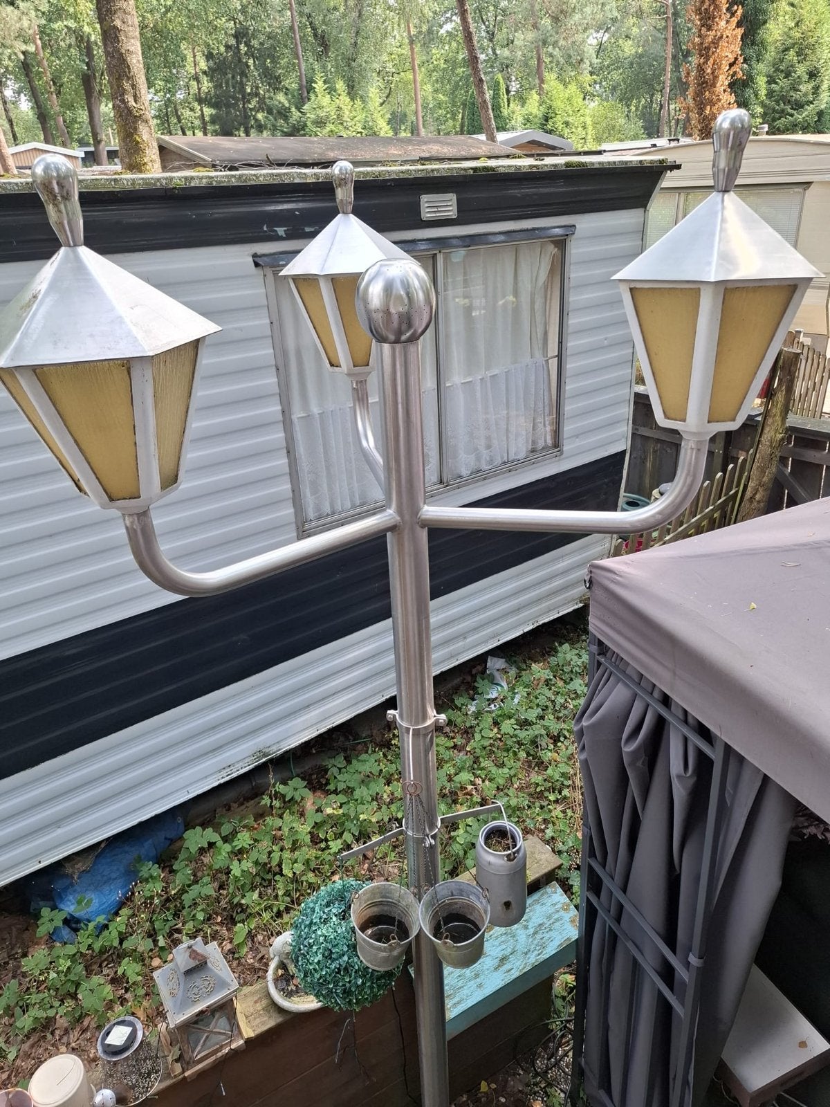 lamp met drie lantaarns rvs, Gebruikt, Staal, Minder dan 50 watt, Staande lamp