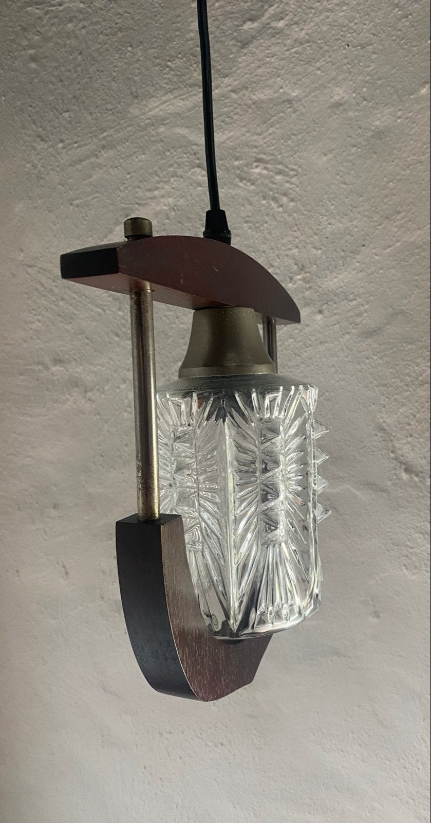 Vintage Mid-Century Hanglamp Teak & Structuurglas Jaren '50/, Ophalen