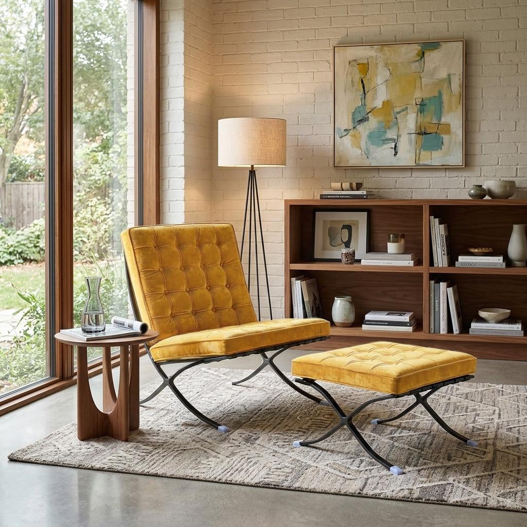 PaviljoenXL Fauteuil + Voetenbank | Oker Velvet | Uitverkoop, Ophalen, Info@caveldesign.com, Minder dan 75 cm, 7775PB