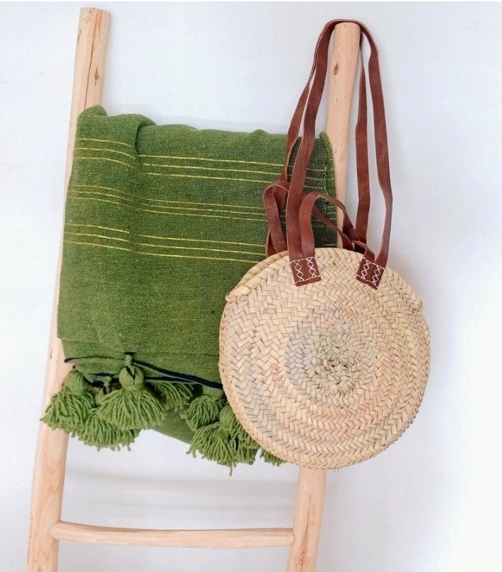 Palmbladtas Rond 30x30x10 cm Beige Leer Bruin Handgemaakt, Verzenden, Nieuw, Bruin, Schoudertasje