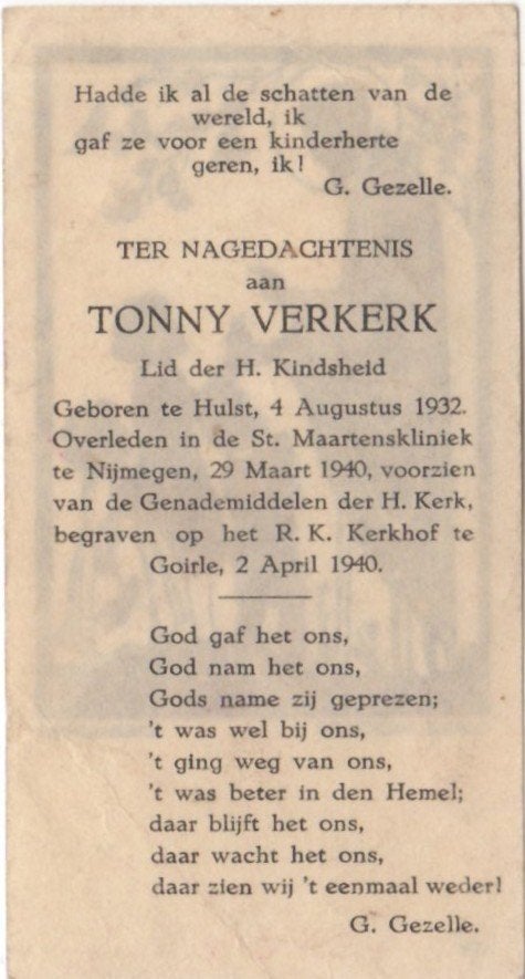 Tonny Verkerk 1932 Hulst + 1940 Nijmegen, 7 jaar oud, Verzamelen, Ophalen of Verzenden