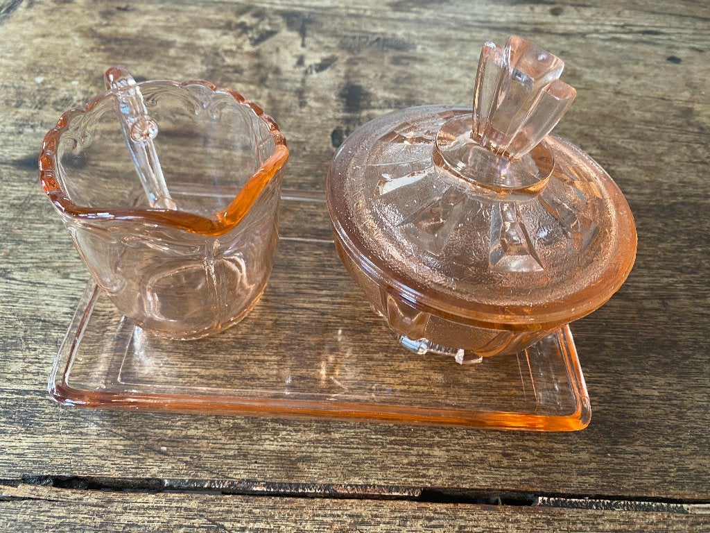 Art deco roze persglas roomstel met dienblad jaren '30, Ophalen of Verzenden