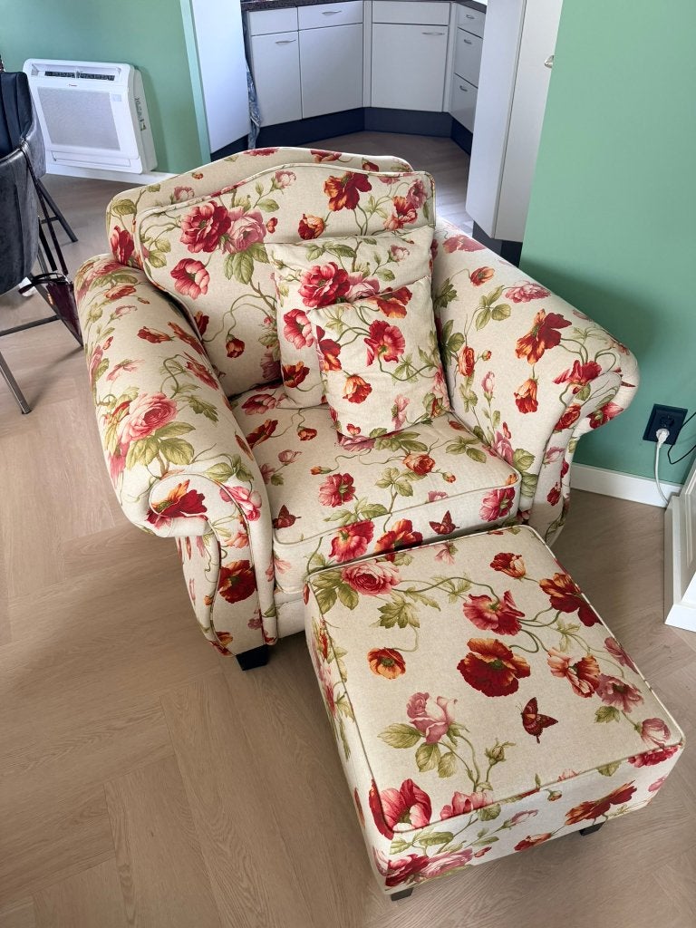 Fauteuil & Hocker – Klassieke Landelijke Stijl – Nieuwstaat, Huis en Inrichting, Ophalen, 75 tot 100 cm, Zo goed als nieuw, Klassieke Landelijke