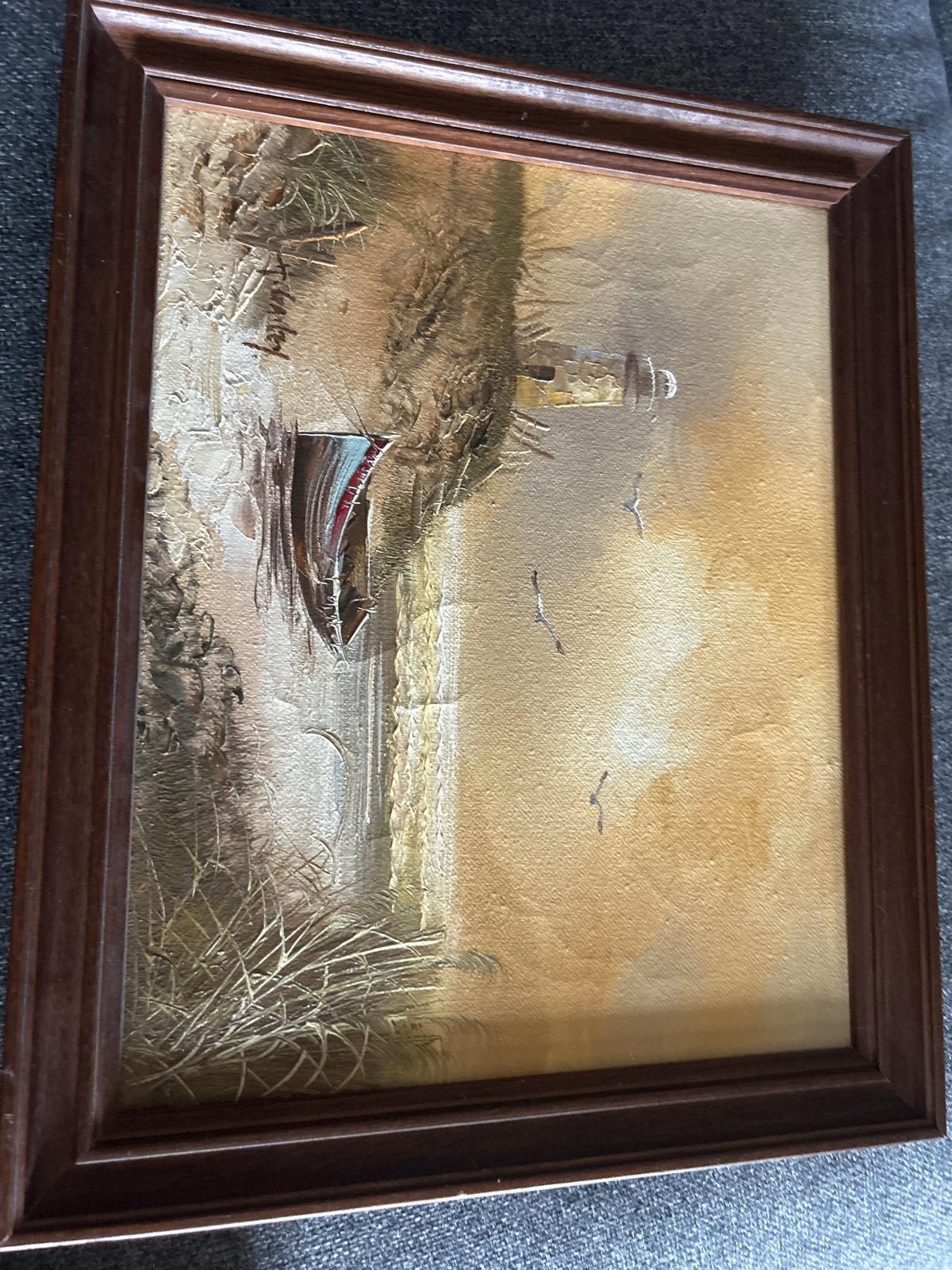 Schilderij met vuurtoren en bootje H.Gailey, Antiek en Kunst, Maritiem / water, Doek, Realistisch, Ophalen of Verzenden